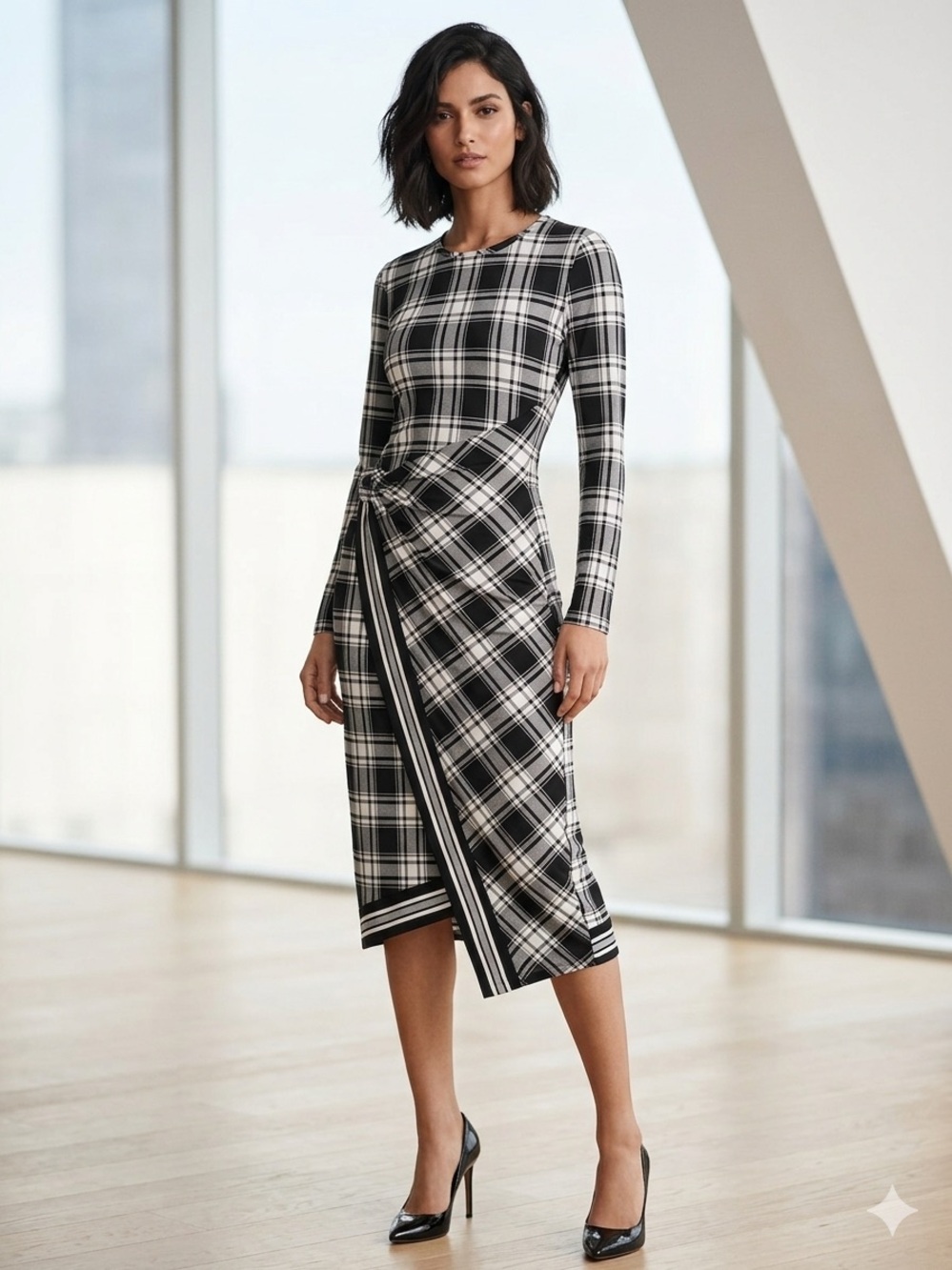 Michael Kors Black & White Plaid Long-Sleeve Knot-Front Midi Dress
